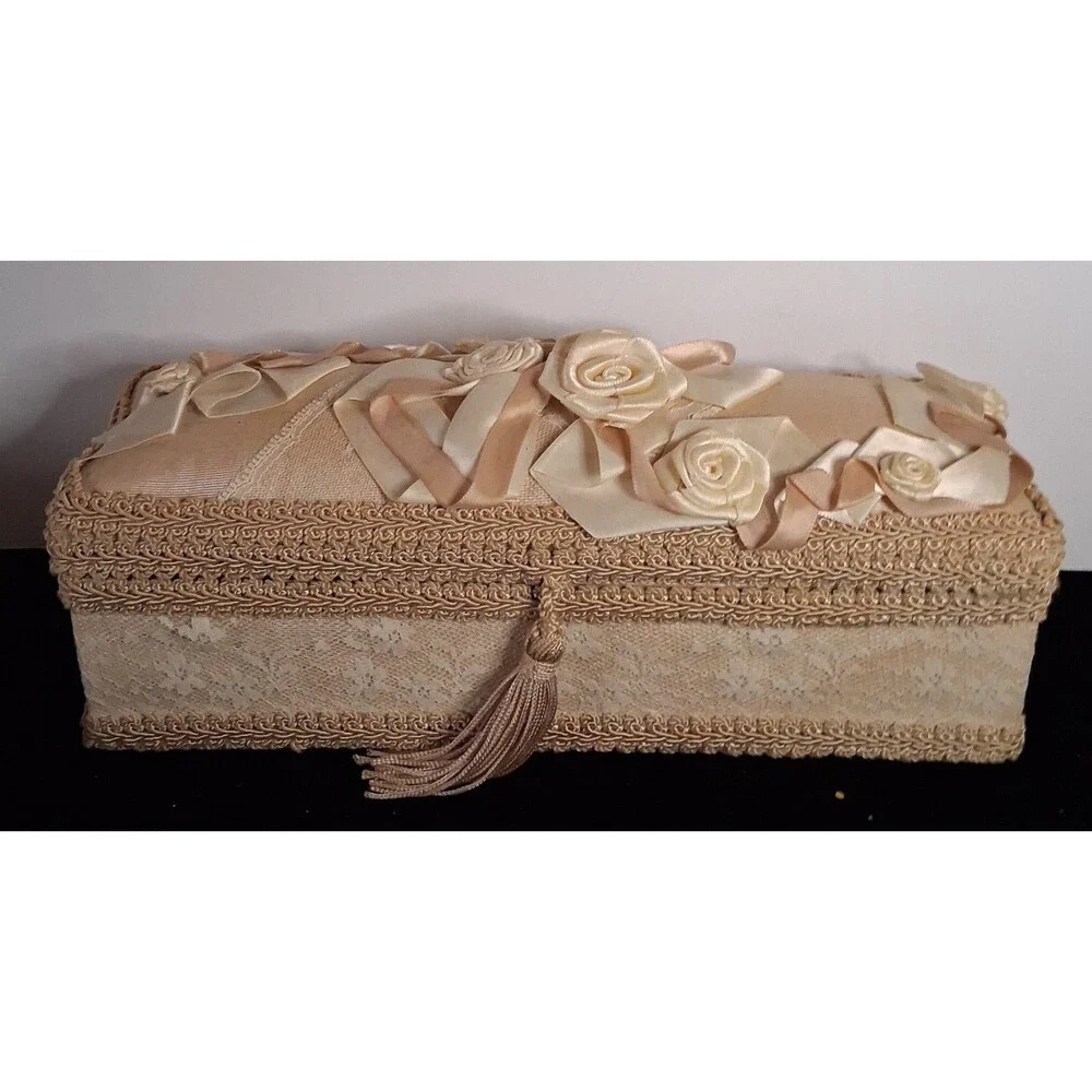 Lace Jewelry Box Silk Floral Lid Trinket Case